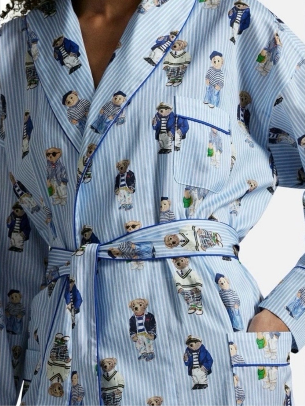 Polo by Ralph Lauren Light Blue Striped Bear-Print Robe with Navy Piping